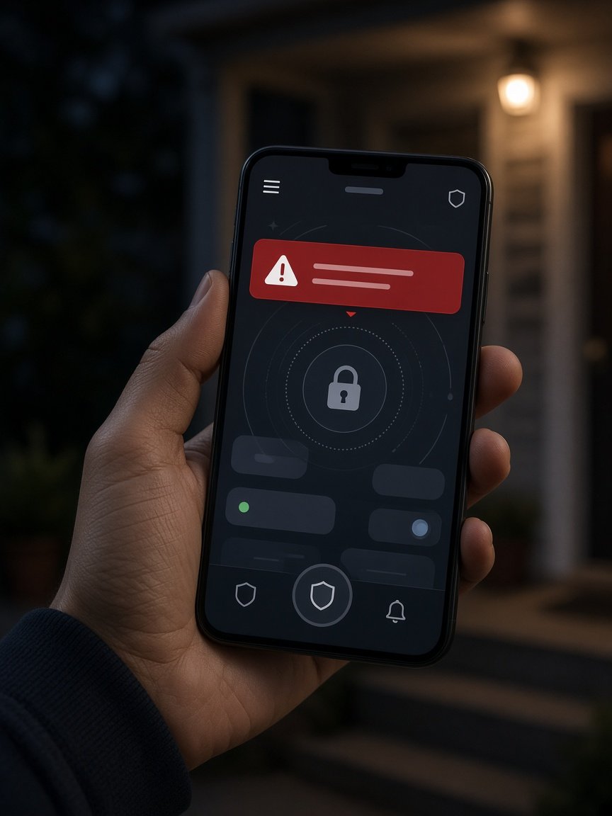 Illustration: Smartphone zeigt eine Alarmbenachrichtigung der Sicherheits-App am frühen Morgen
