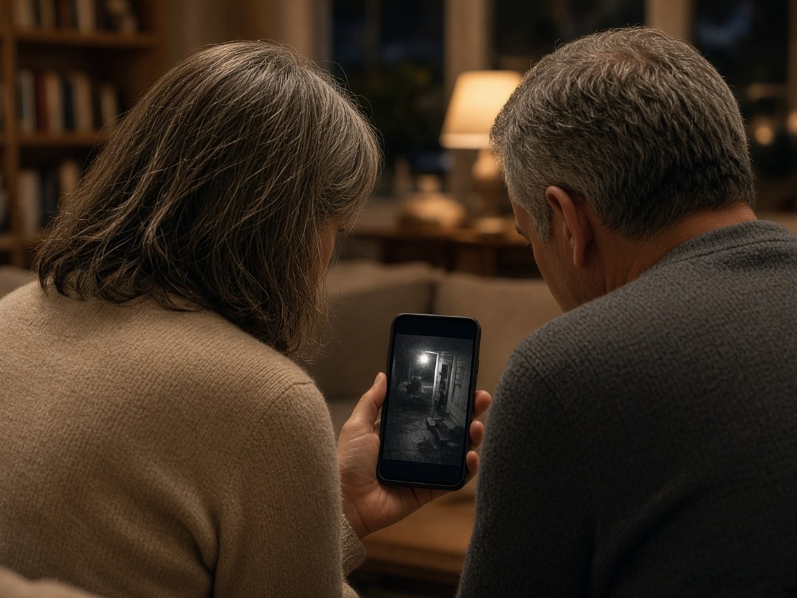 Illustration: Ein Paar betrachtet gemeinsam einen nächtlichen Kamera-Clip auf einem Smartphone